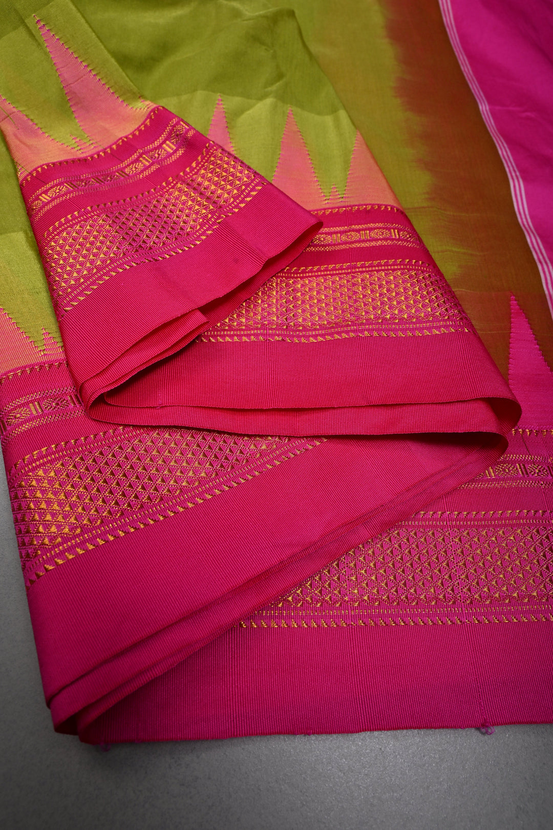 Parrot Green Ilkal Weave Mercerized Bagalkote Cotton Saree with Temple Panel on Contrast Zari Border | SHOBITAM