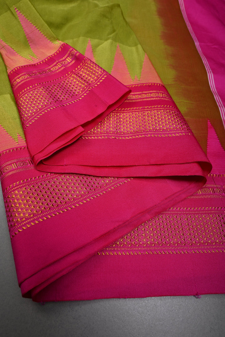 Parrot Green Ilkal Weave Mercerized Bagalkote Cotton Saree with Temple Panel on Contrast Zari Border | SHOBITAM
