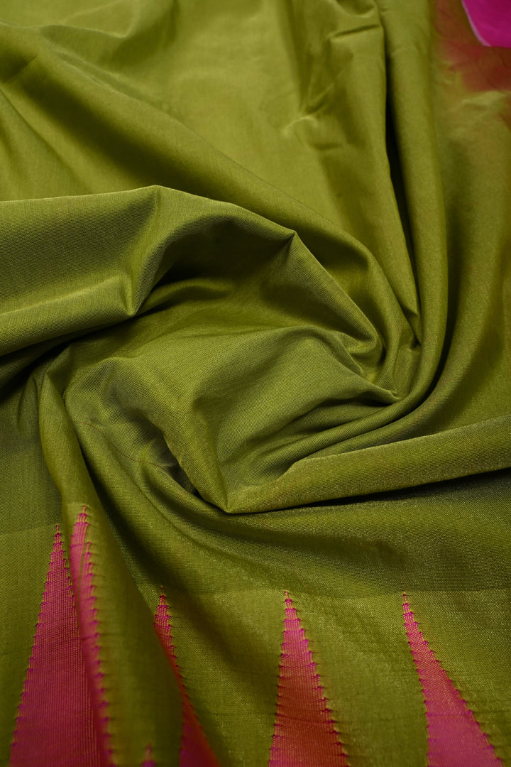 Parrot Green Ilkal Weave Mercerized Bagalkote Cotton Saree with Temple Panel on Contrast Zari Border | SHOBITAM