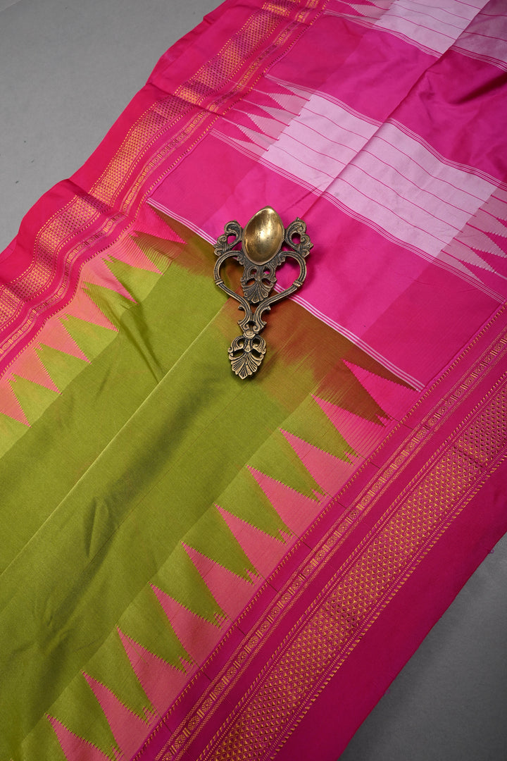 Parrot Green Ilkal Weave Mercerized Bagalkote Cotton Saree with Temple Panel on Contrast Zari Border | SHOBITAM
