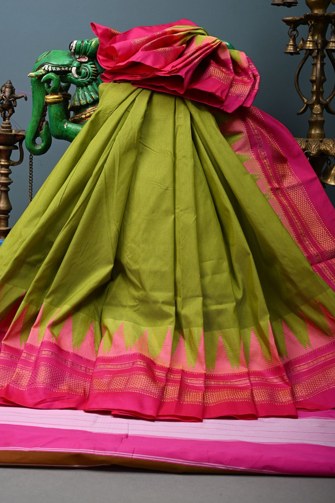 Parrot Green Ilkal Weave Mercerized Bagalkote Cotton Saree with Temple Panel on Contrast Zari Border | SHOBITAM