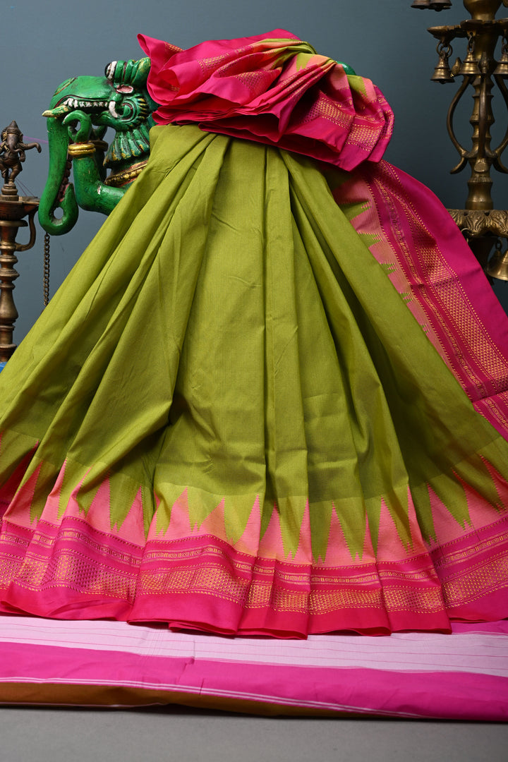 Parrot Green Ilkal Weave Mercerized Bagalkote Cotton Saree with Temple Panel on Contrast Zari Border | SHOBITAM