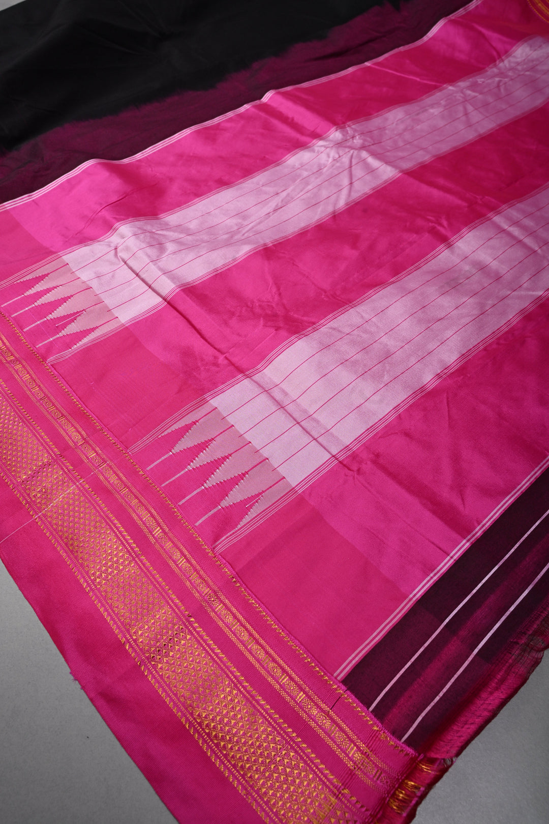 Black Ilkal Weave Mercerized Bagalkote Cotton Saree with Temple Panel on Contrast Zari Border | SHOBITAM