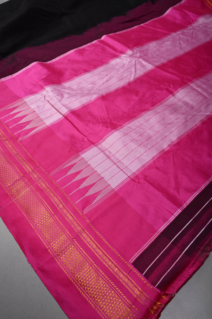 Black Ilkal Weave Mercerized Bagalkote Cotton Saree with Temple Panel on Contrast Zari Border | SHOBITAM