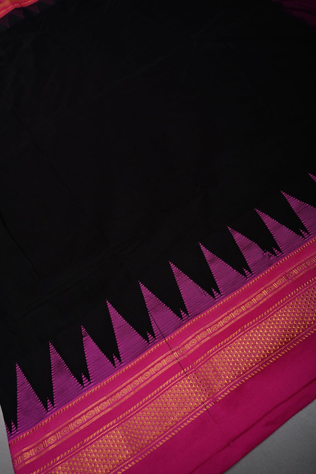 Black Ilkal Weave Mercerized Bagalkote Cotton Saree with Temple Panel on Contrast Zari Border | SHOBITAM