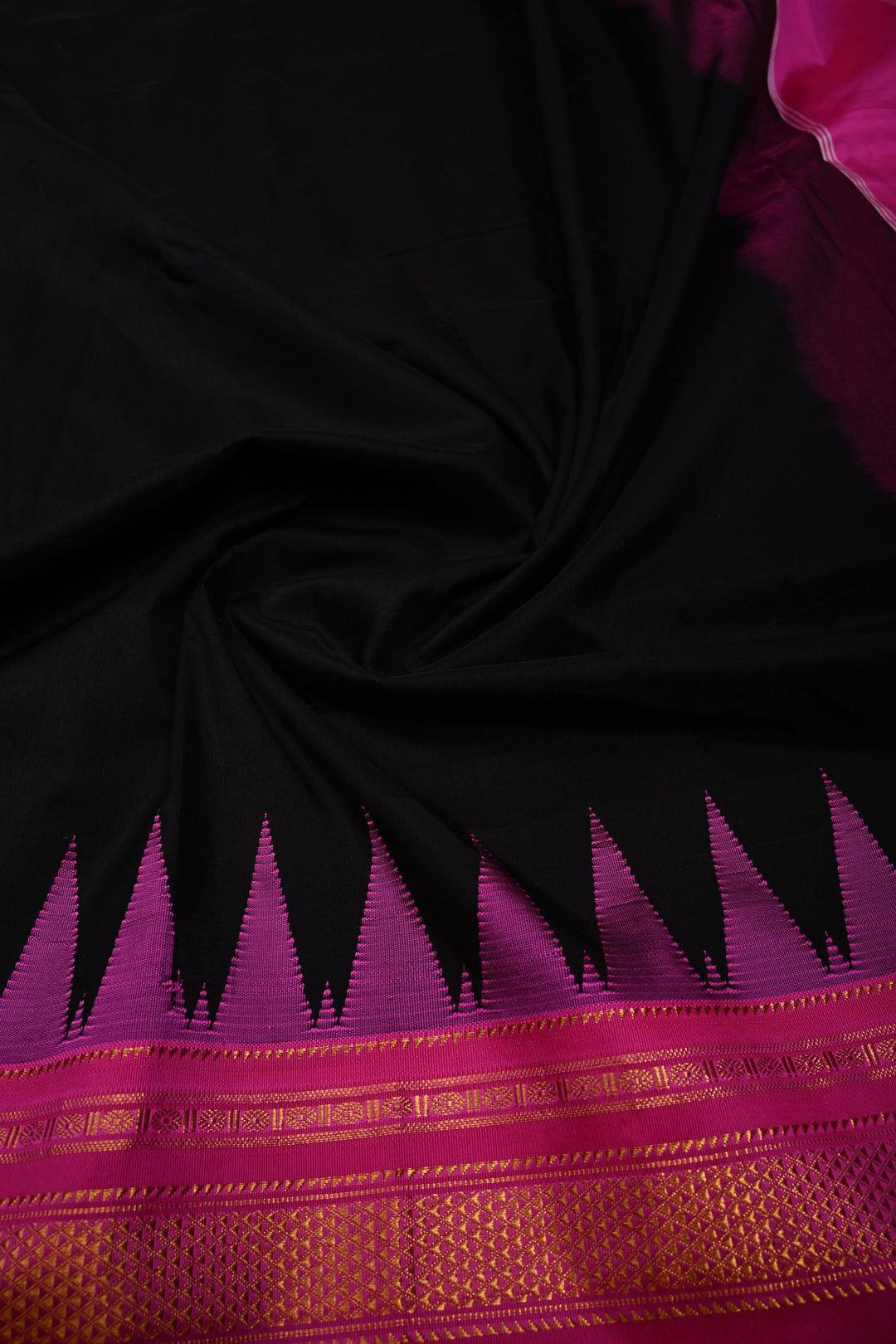 Black Ilkal Weave Mercerized Bagalkote Cotton Saree with Temple Panel on Contrast Zari Border | SHOBITAM