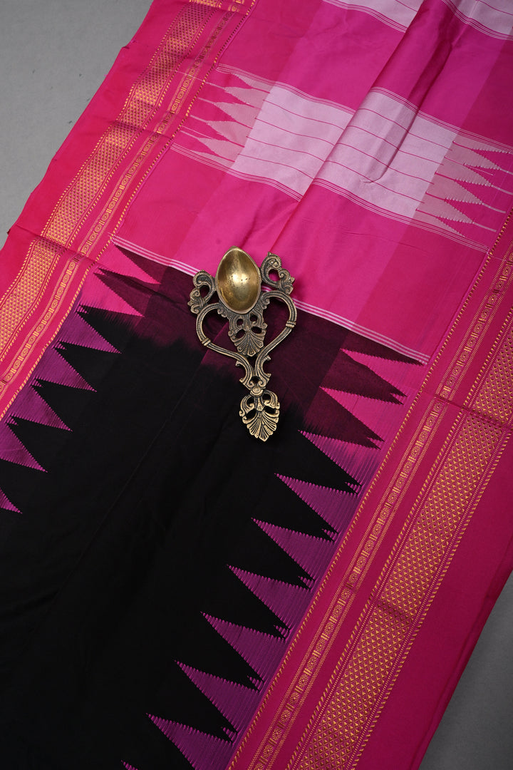 Black Ilkal Weave Mercerized Bagalkote Cotton Saree with Temple Panel on Contrast Zari Border | SHOBITAM