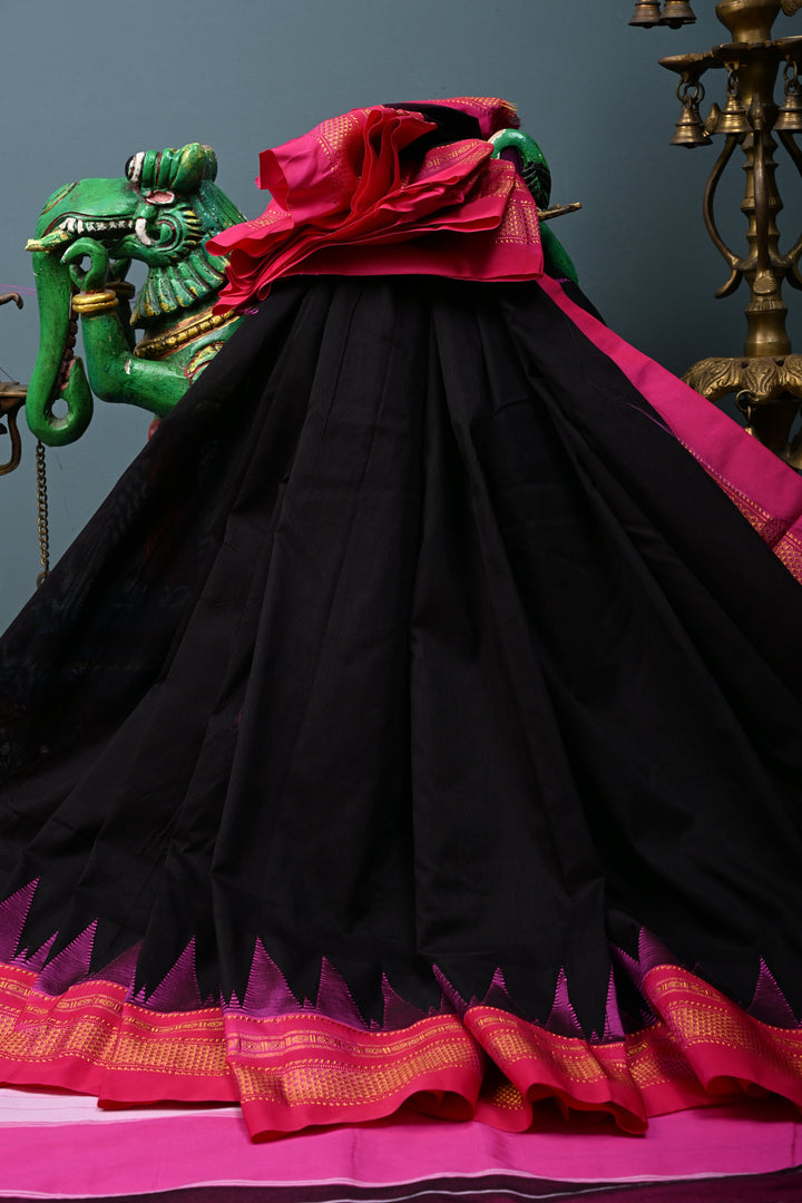 Black Ilkal Weave Mercerized Bagalkote Cotton Saree with Temple Panel on Contrast Zari Border | SHOBITAM