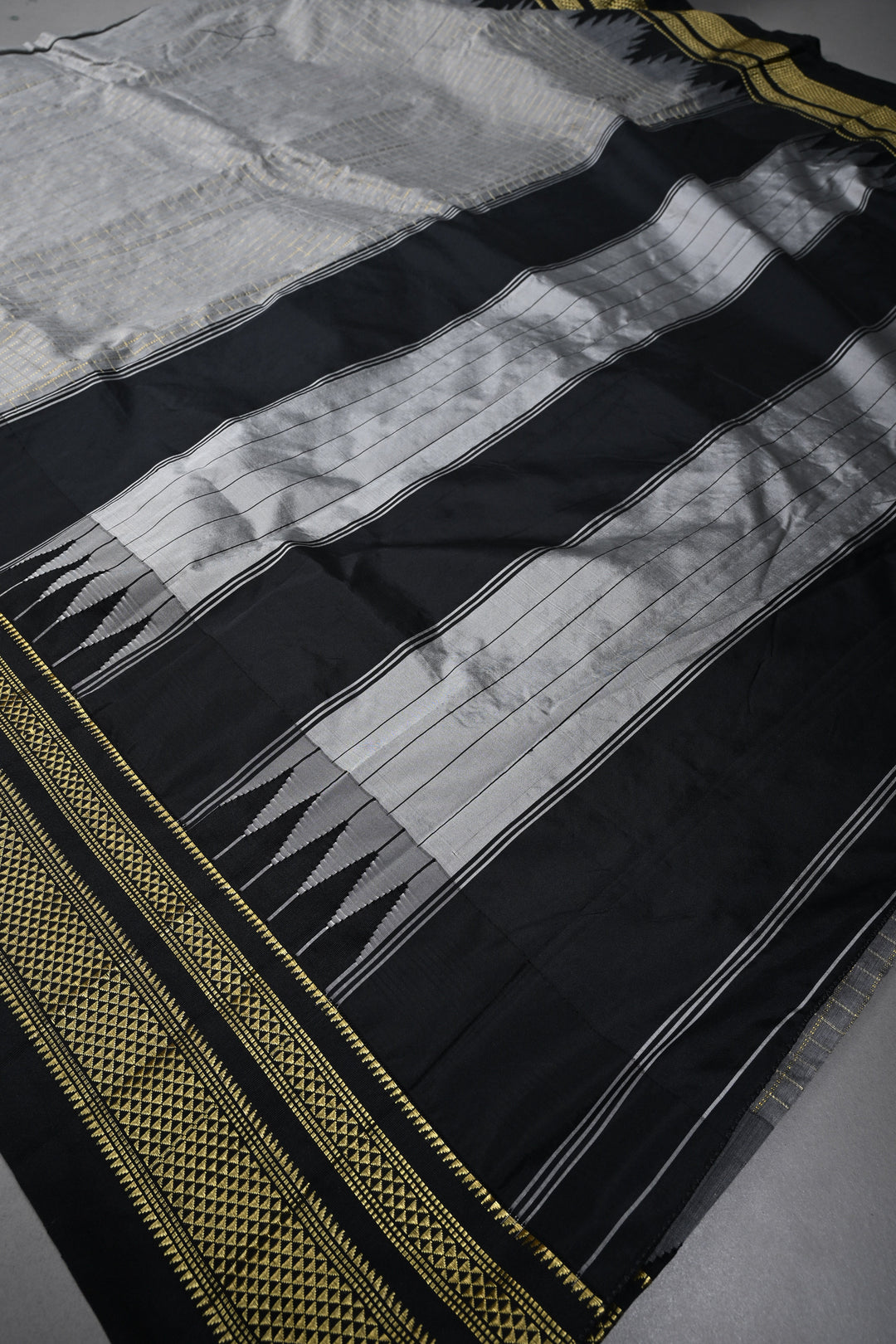 Gray Ilkal Weave Mercerized Bagalkote Cotton Saree with Zari Checks and Temple Panel on Contrast Zari Border | SHOBITAM
