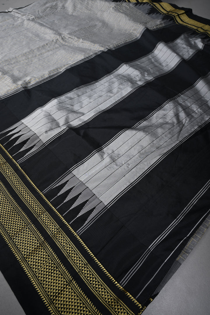 Gray Ilkal Weave Mercerized Bagalkote Cotton Saree with Zari Checks and Temple Panel on Contrast Zari Border | SHOBITAM