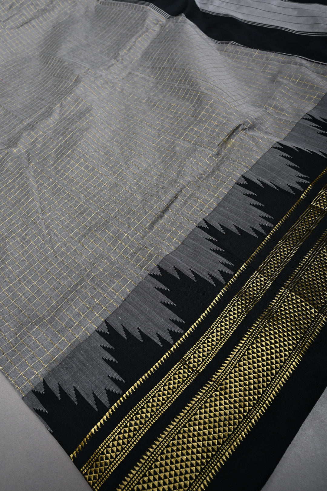 Gray Ilkal Weave Mercerized Bagalkote Cotton Saree with Zari Checks and Temple Panel on Contrast Zari Border | SHOBITAM