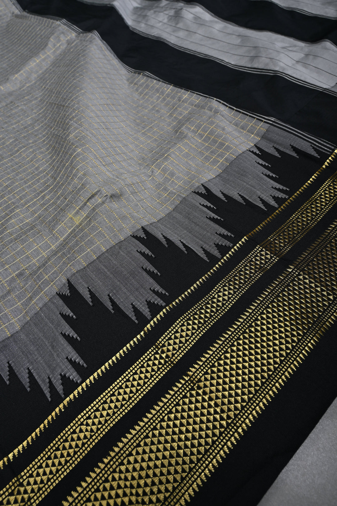 Gray Ilkal Weave Mercerized Bagalkote Cotton Saree with Zari Checks and Temple Panel on Contrast Zari Border | SHOBITAM
