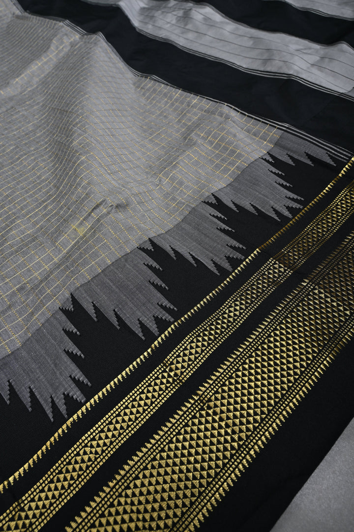 Gray Ilkal Weave Mercerized Bagalkote Cotton Saree with Zari Checks and Temple Panel on Contrast Zari Border | SHOBITAM