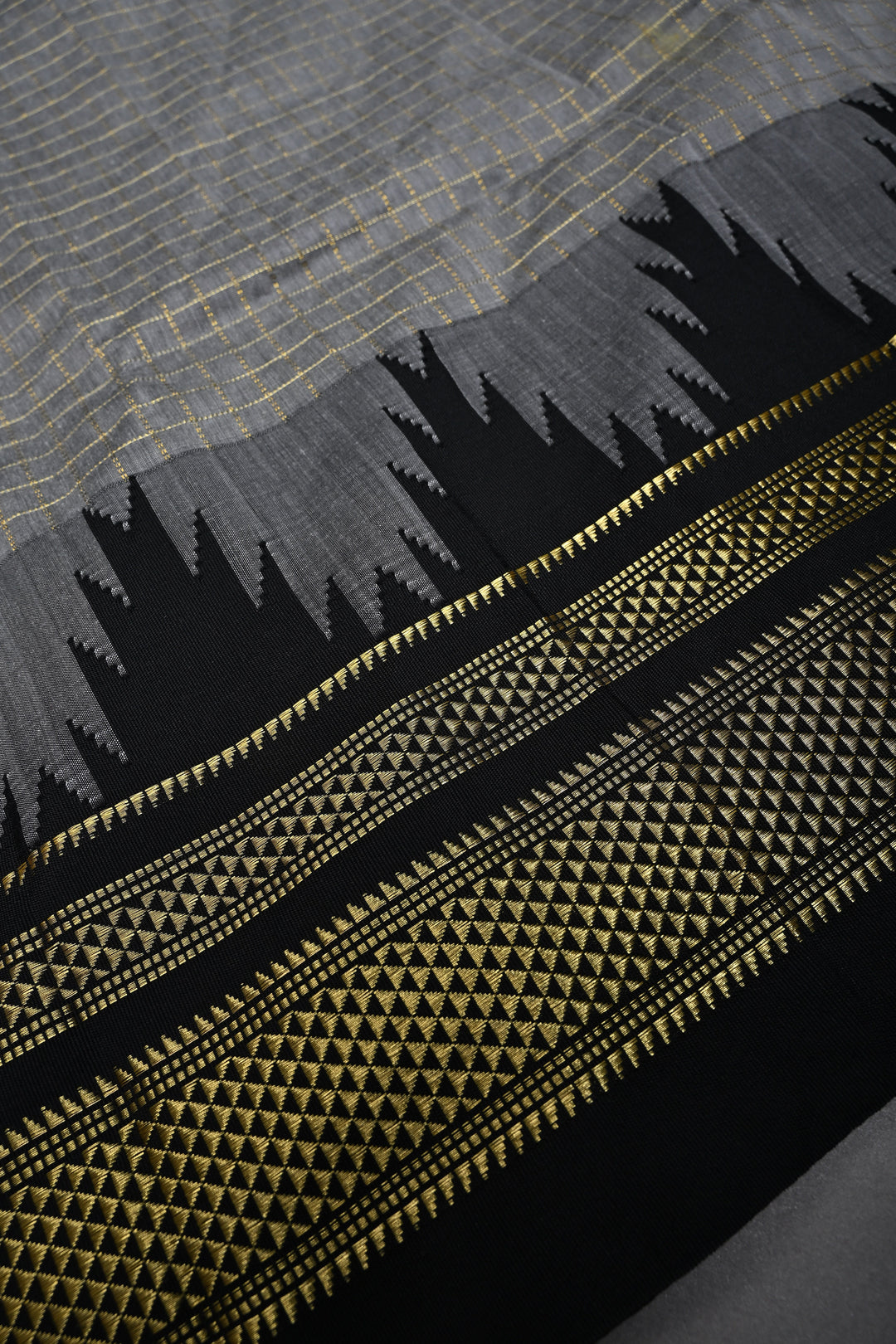 Gray Ilkal Weave Mercerized Bagalkote Cotton Saree with Zari Checks and Temple Panel on Contrast Zari Border | SHOBITAM
