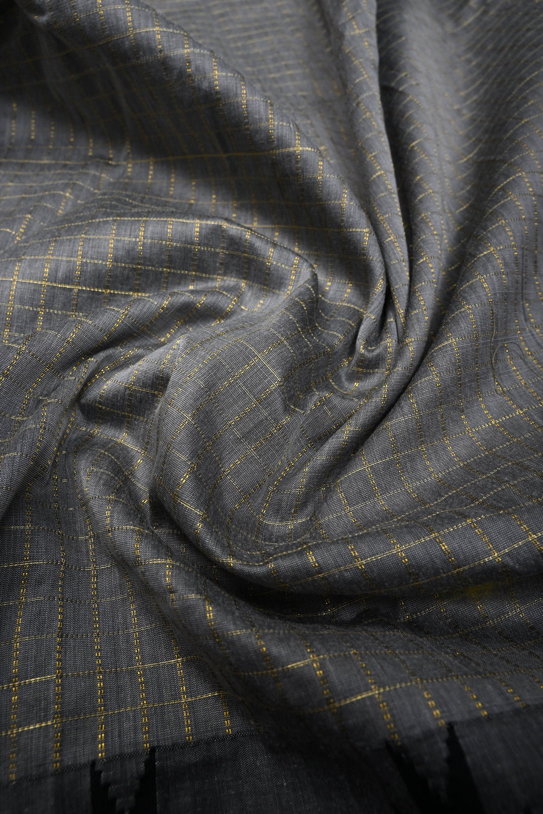 Gray Ilkal Weave Mercerized Bagalkote Cotton Saree with Zari Checks and Temple Panel on Contrast Zari Border | SHOBITAM