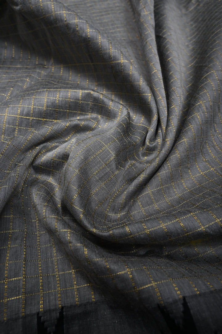 Gray Ilkal Weave Mercerized Bagalkote Cotton Saree with Zari Checks and Temple Panel on Contrast Zari Border | SHOBITAM