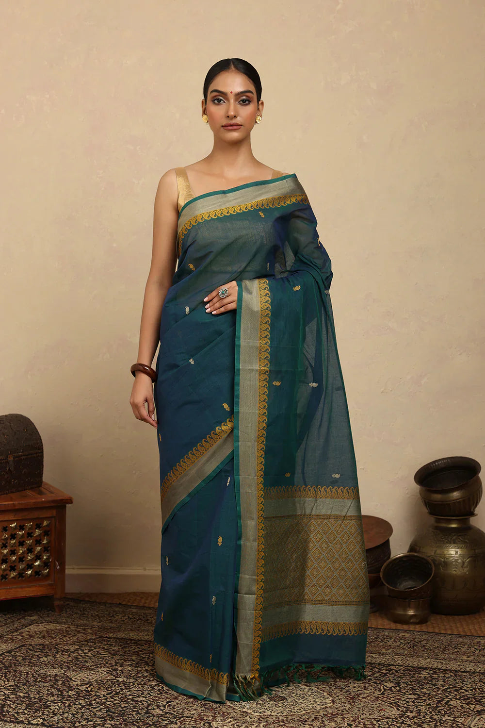 Handloom Blue Green Kanchi Cotton Saree | SHOBITAM