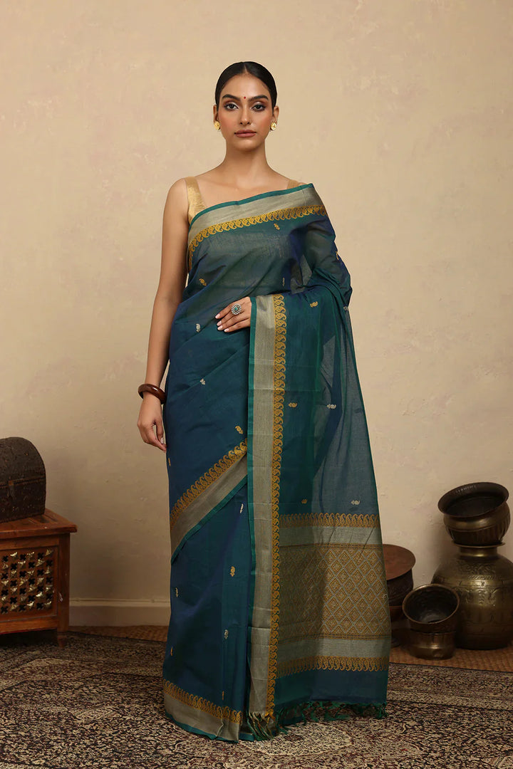 Handloom Blue Green Kanchi Cotton Saree | SHOBITAM