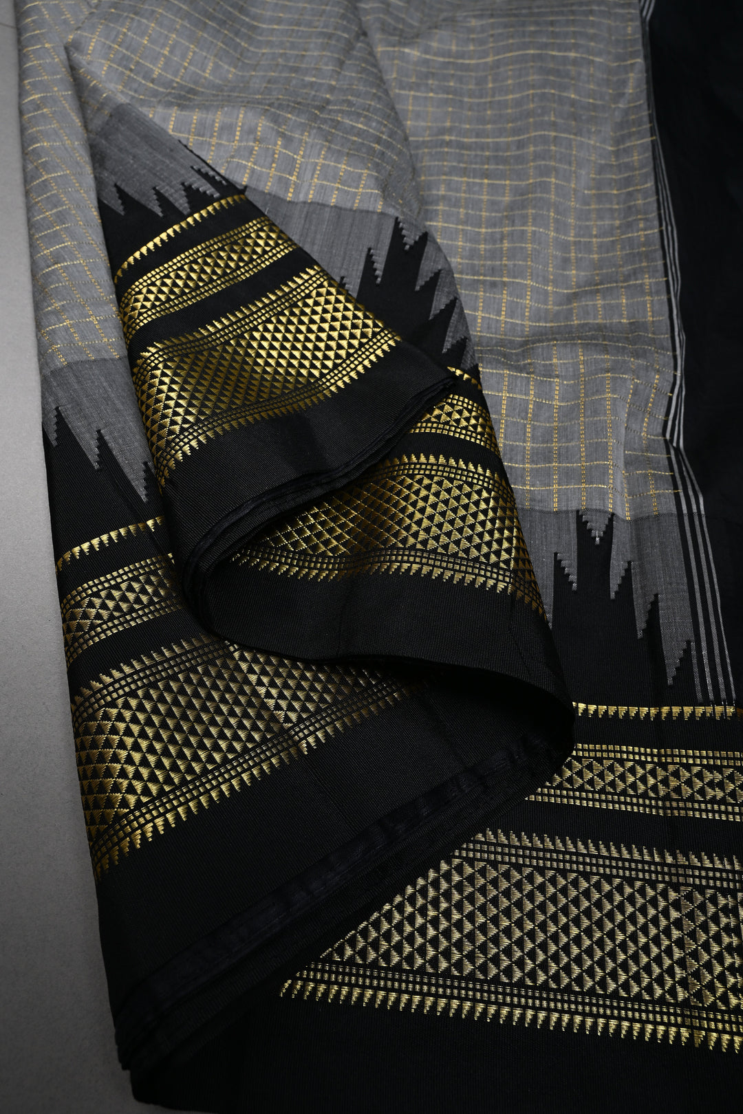 Gray Ilkal Weave Mercerized Bagalkote Cotton Saree with Zari Checks and Temple Panel on Contrast Zari Border | SHOBITAM
