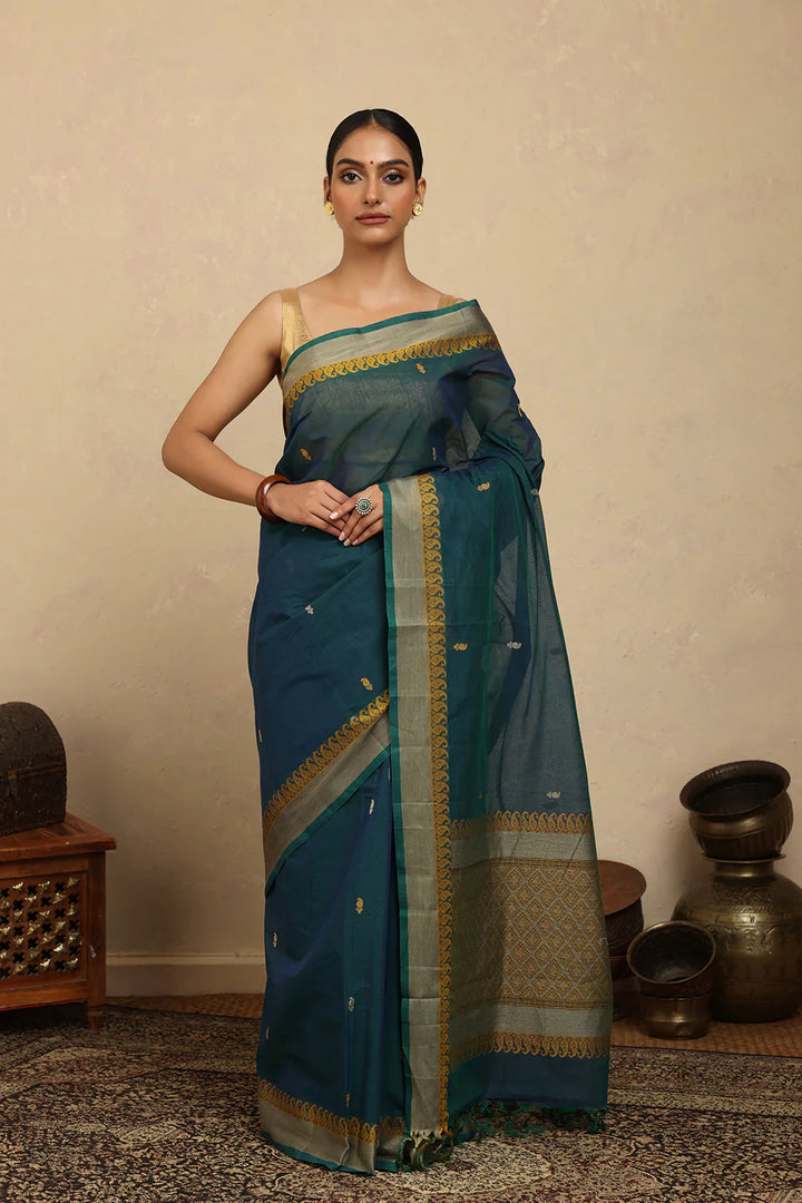 Handloom Blue Green Kanchi Cotton Saree | SHOBITAM