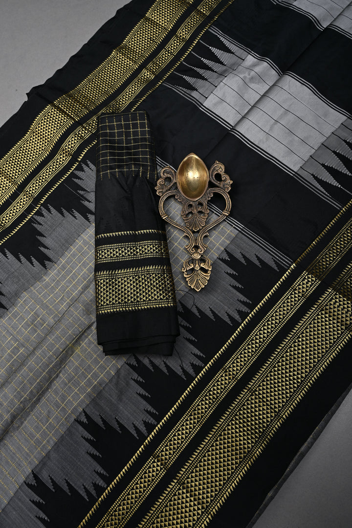Gray Ilkal Weave Mercerized Bagalkote Cotton Saree with Zari Checks and Temple Panel on Contrast Zari Border | SHOBITAM