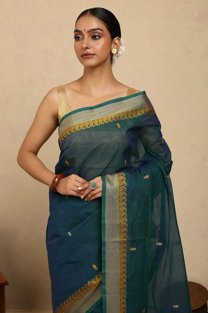 Handloom Blue Green Kanchi Cotton Saree | SHOBITAM