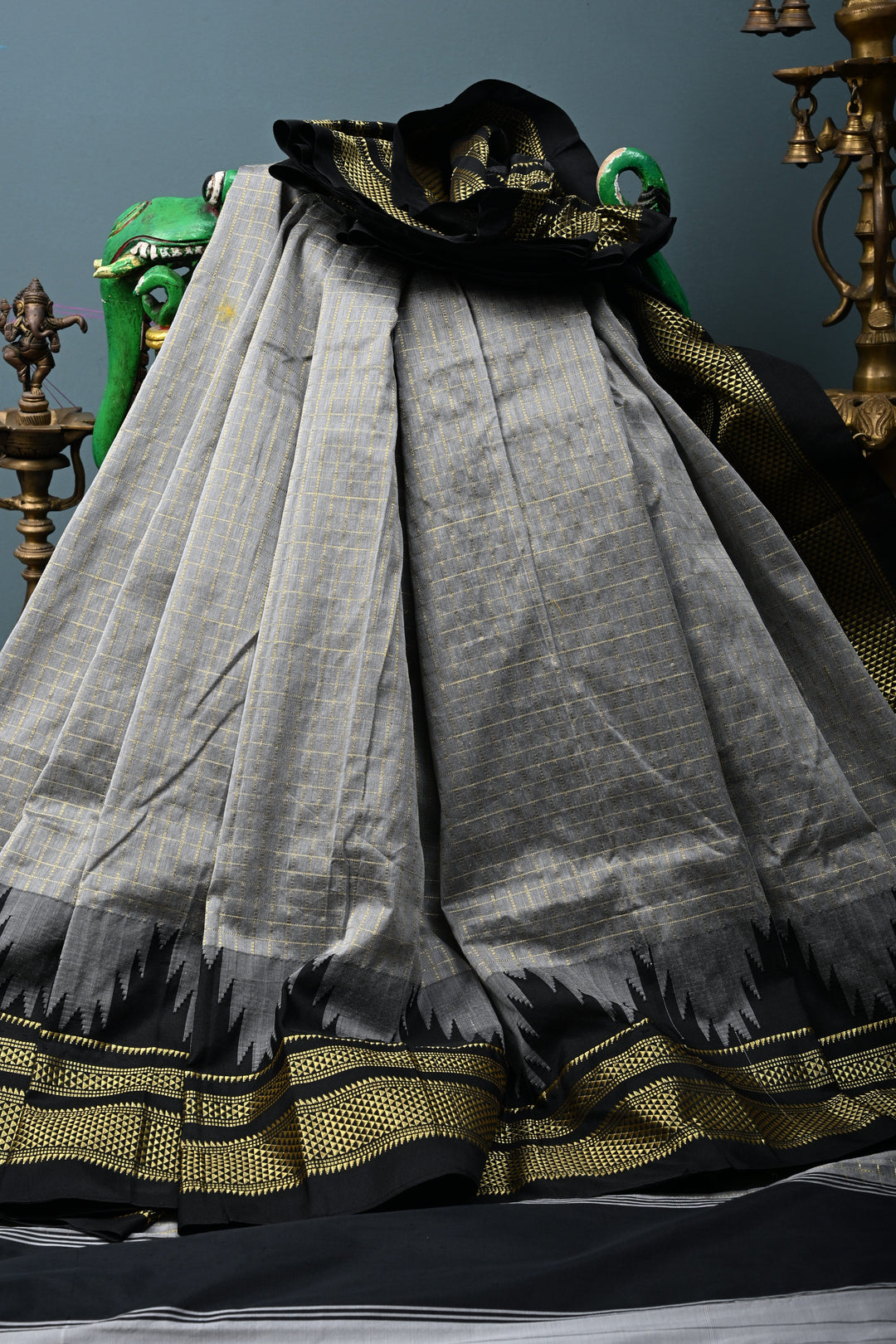 Gray Ilkal Weave Mercerized Bagalkote Cotton Saree with Zari Checks and Temple Panel on Contrast Zari Border | SHOBITAM