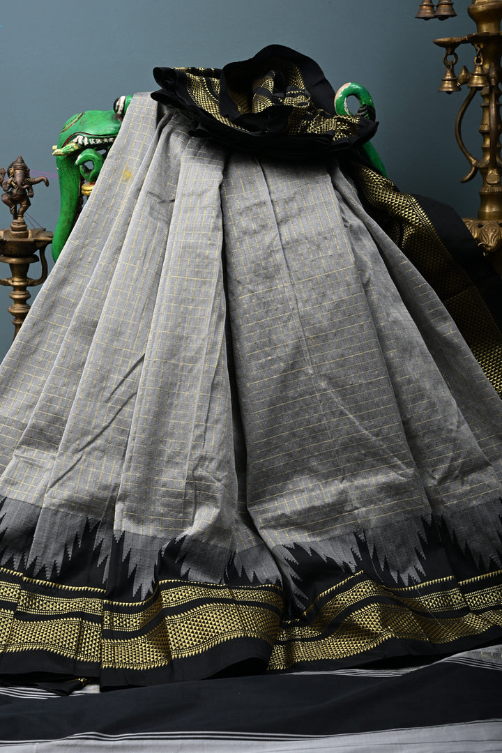 Gray Ilkal Weave Mercerized Bagalkote Cotton Saree with Zari Checks and Temple Panel on Contrast Zari Border | SHOBITAM