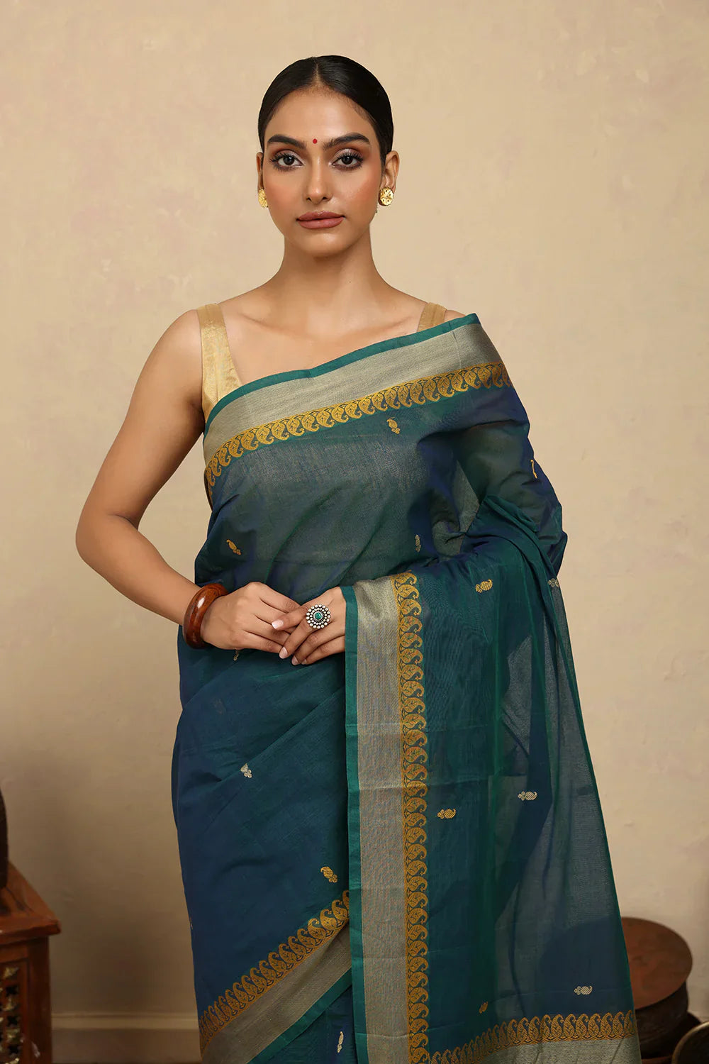 Handloom Blue Green Kanchi Cotton Saree | SHOBITAM
