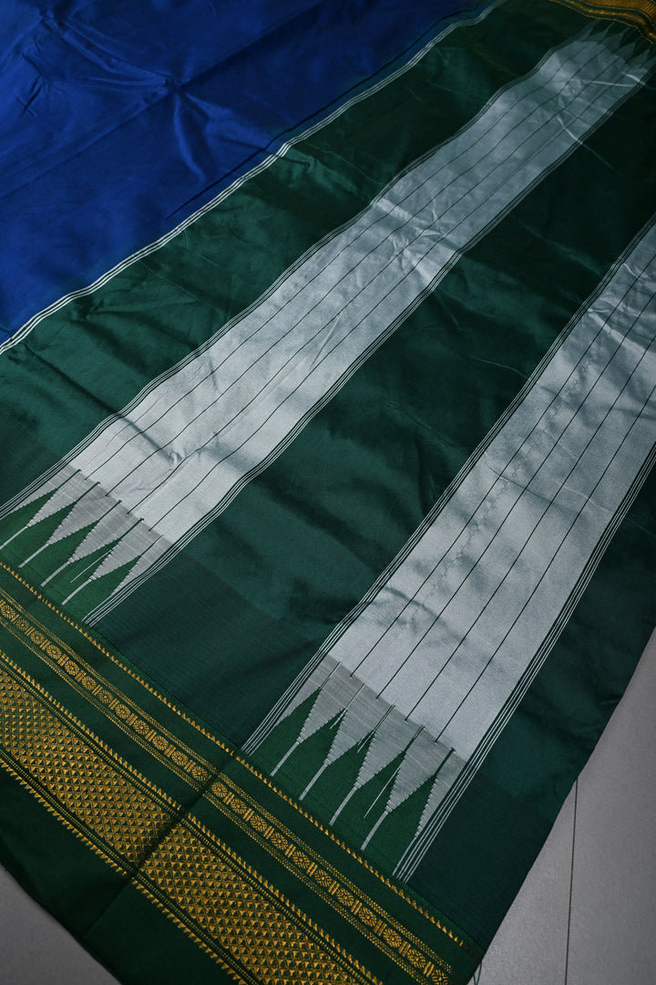Navy Blue Ilkal Weave Mercerized Bagalkote Cotton Saree with Temple Panel on Contrast Zari Border | SHOBITAM