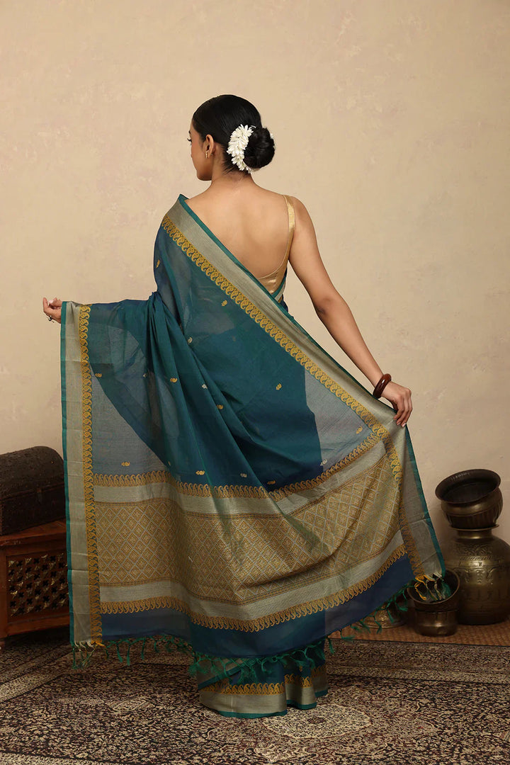 Handloom Blue Green Kanchi Cotton Saree | SHOBITAM