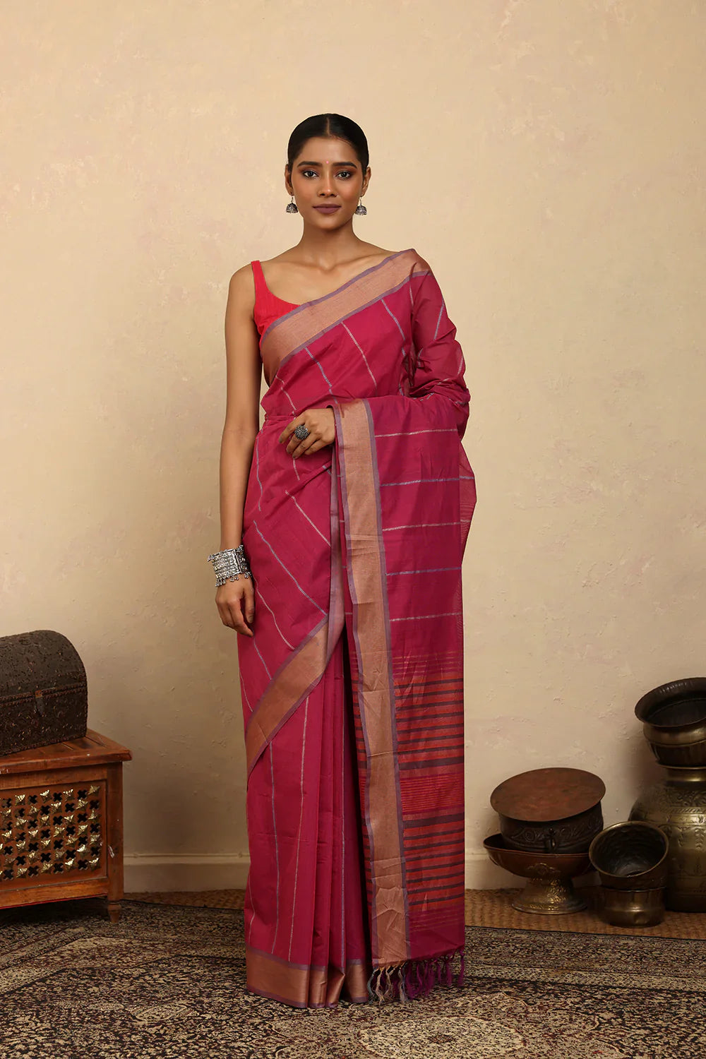 Handloom Barbie Pink Kanchi Cotton Saree | SHOBITAM