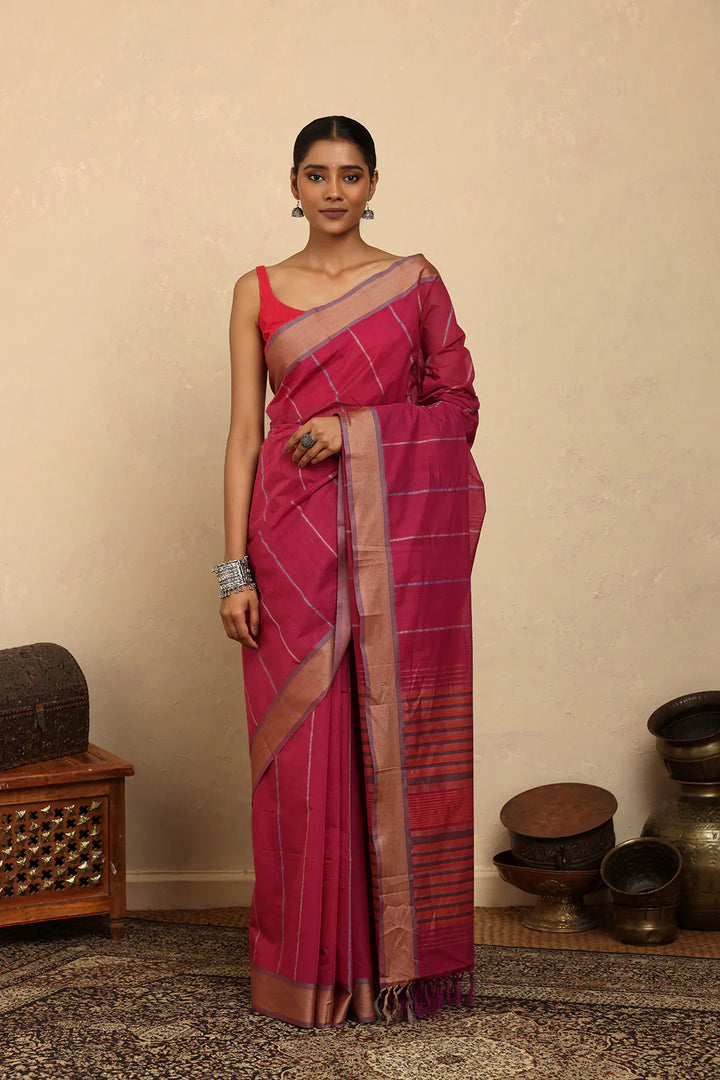 Handloom Barbie Pink Kanchi Cotton Saree | SHOBITAM