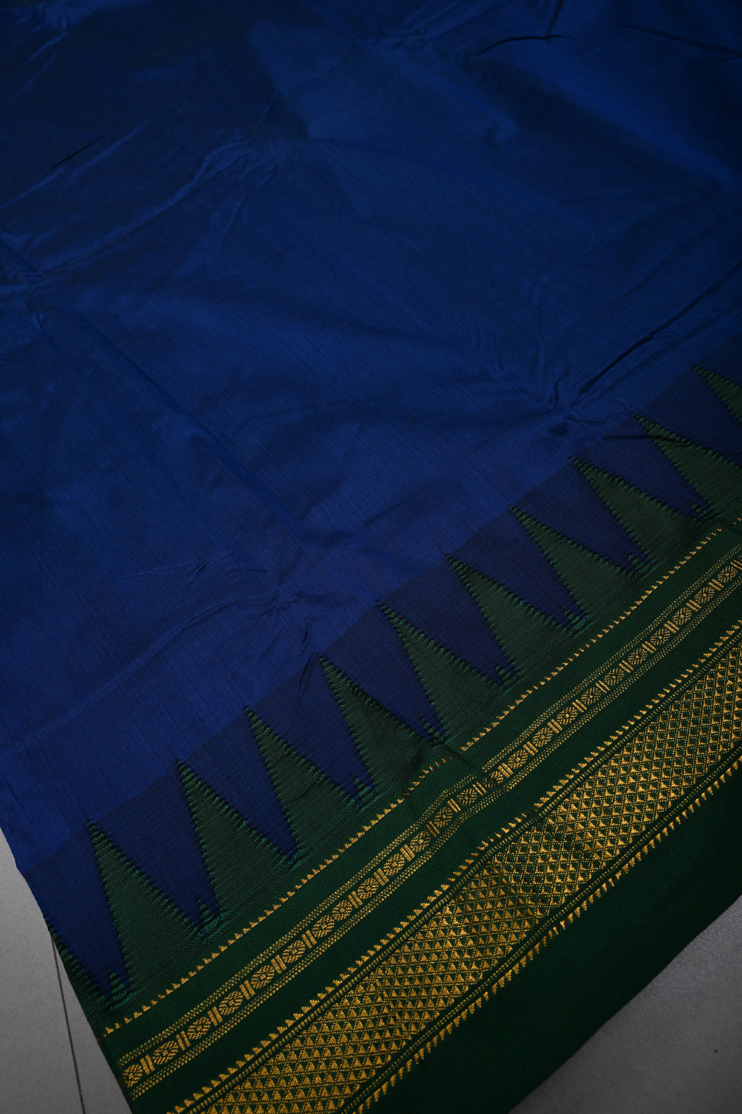 Navy Blue Ilkal Weave Mercerized Bagalkote Cotton Saree with Temple Panel on Contrast Zari Border | SHOBITAM