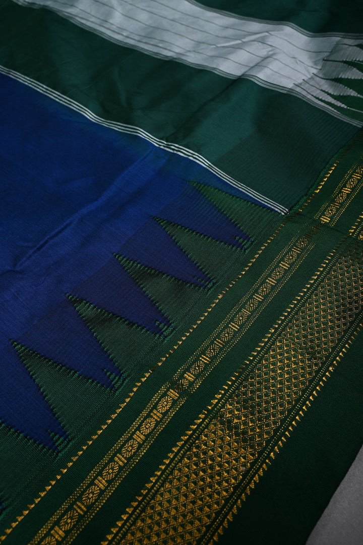 Navy Blue Ilkal Weave Mercerized Bagalkote Cotton Saree with Temple Panel on Contrast Zari Border | SHOBITAM