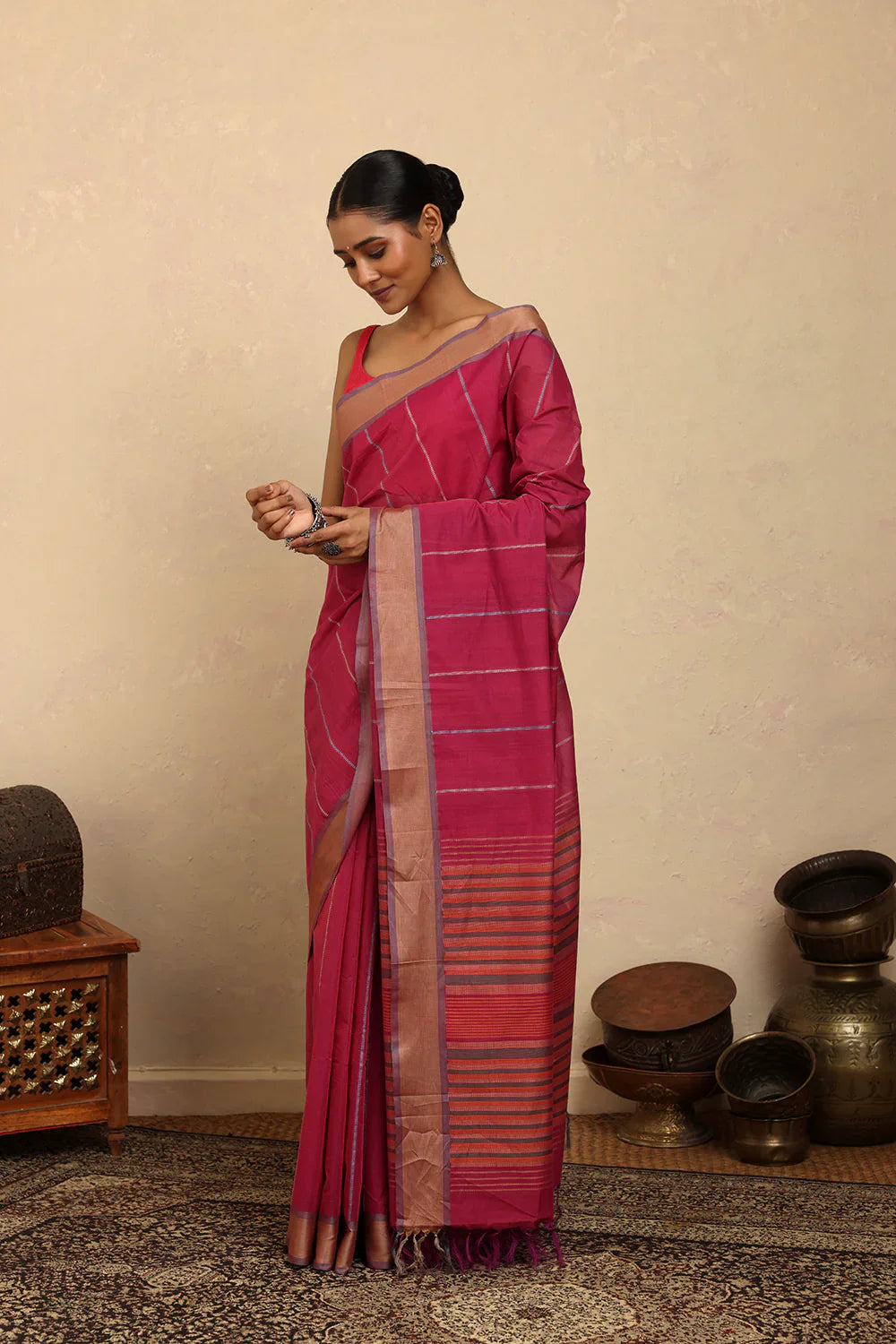 Handloom Barbie Pink Kanchi Cotton Saree | SHOBITAM