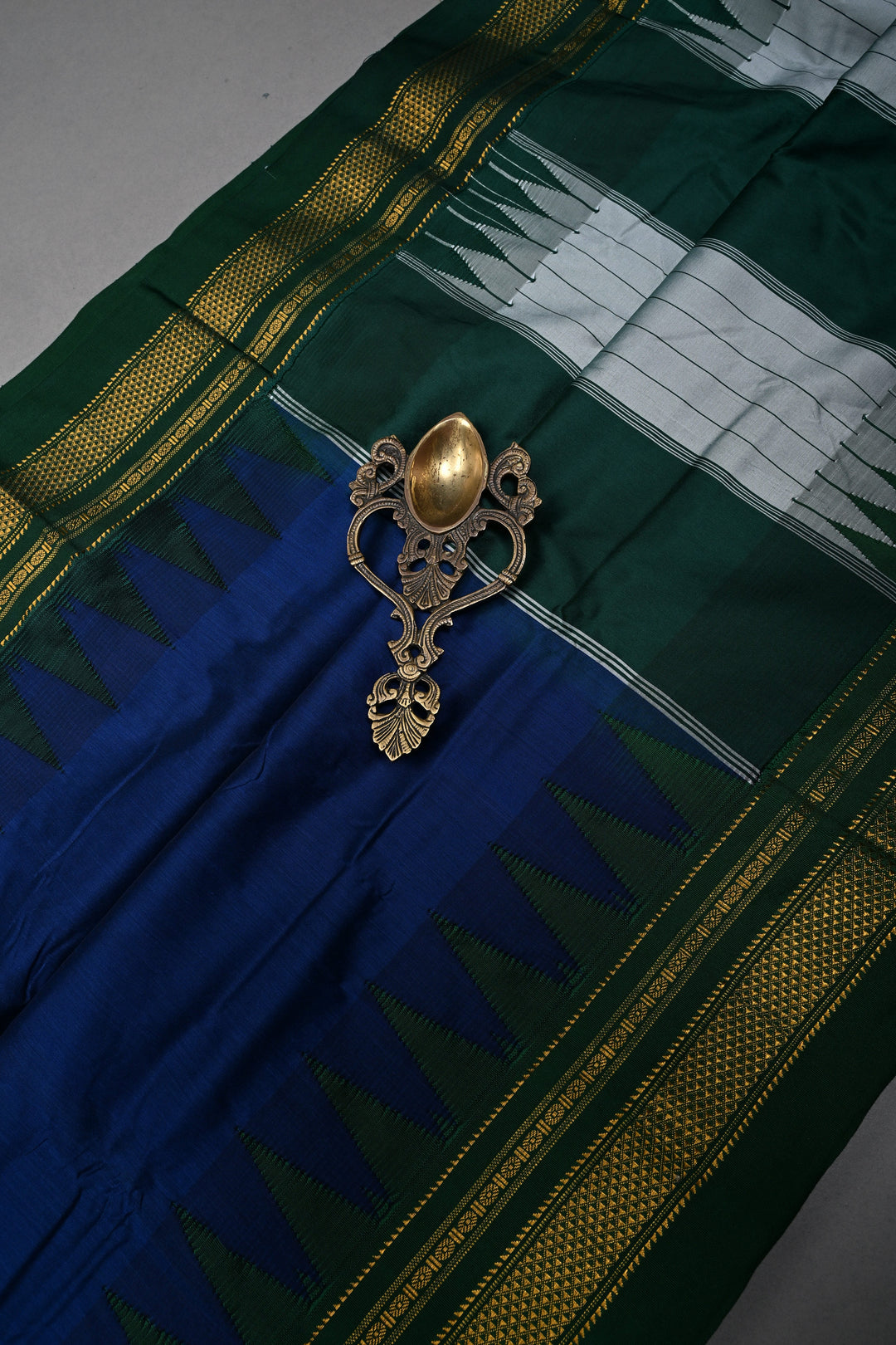 Navy Blue Ilkal Weave Mercerized Bagalkote Cotton Saree with Temple Panel on Contrast Zari Border | SHOBITAM