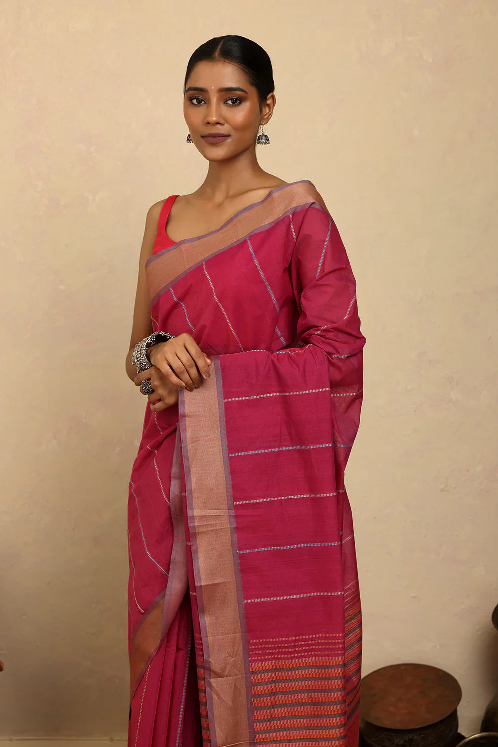 Handloom Barbie Pink Kanchi Cotton Saree | SHOBITAM