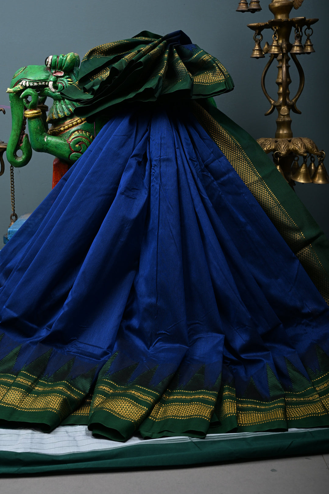 Navy Blue Ilkal Weave Mercerized Bagalkote Cotton Saree with Temple Panel on Contrast Zari Border | SHOBITAM