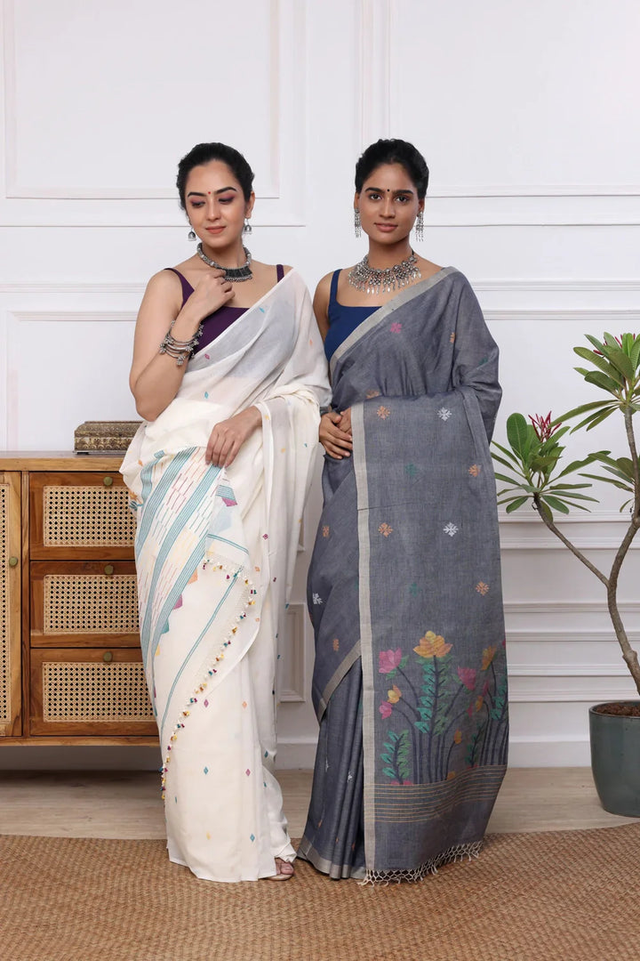 Handloom Grey Soft Cotton Jamdani with Multi Colour Floral Motifs | SHOBITAM