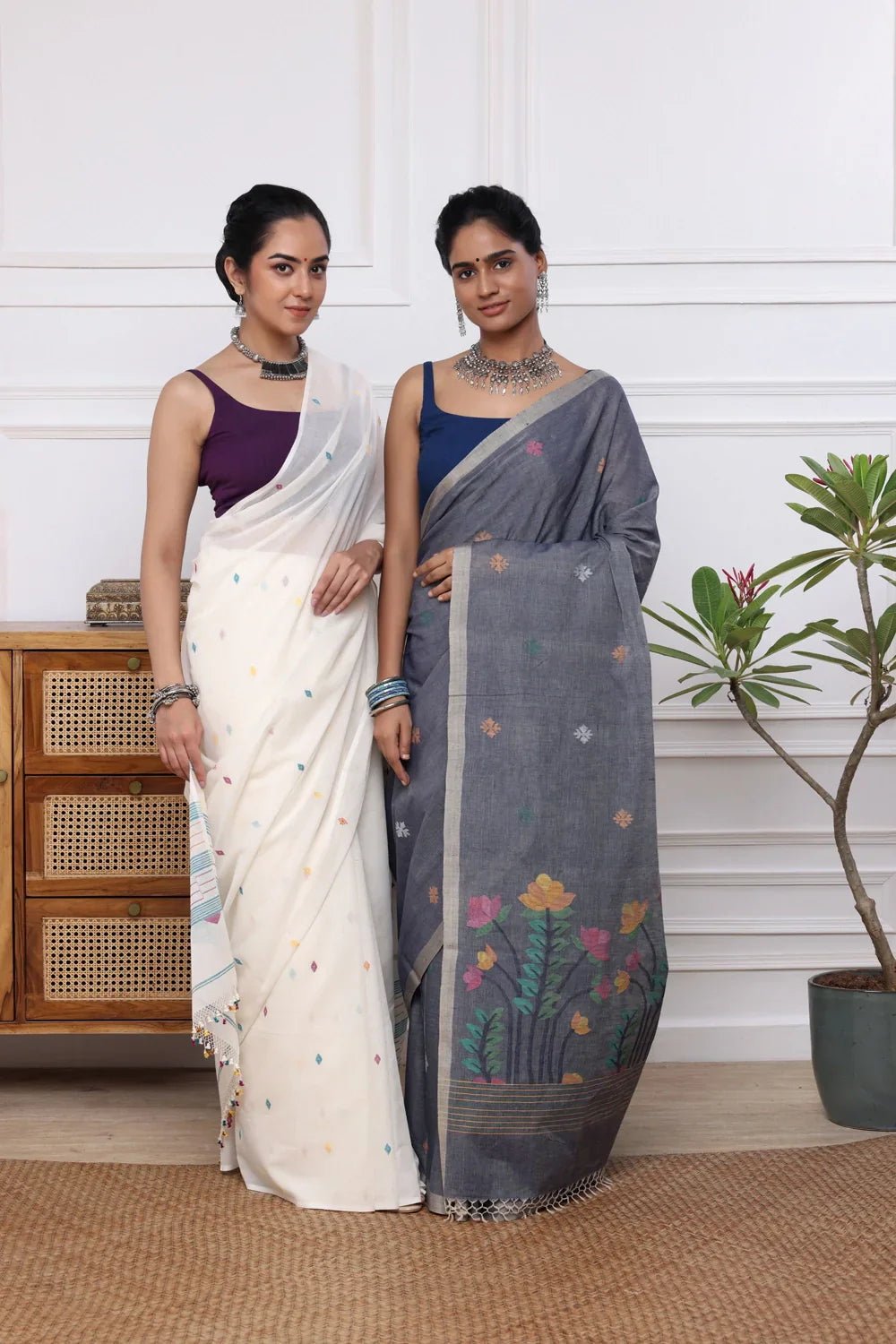 Handloom Grey Soft Cotton Jamdani with Multi Colour Floral Motifs | SHOBITAM