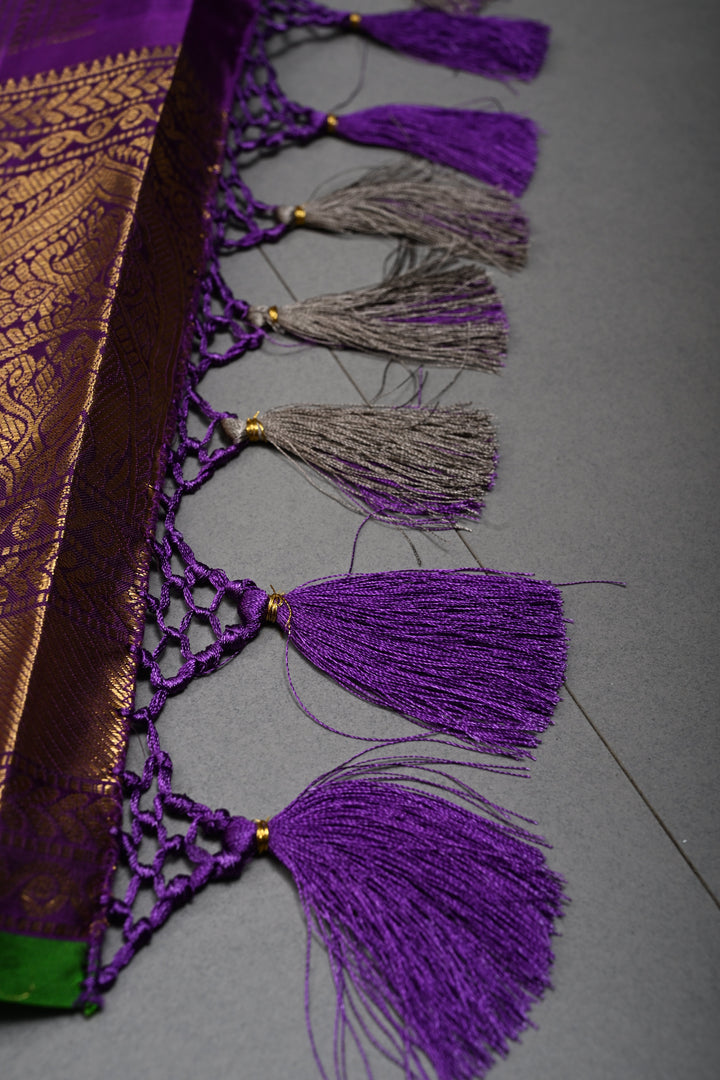 Gray Gadwal Silk Saree with Gold-Silver Buttas and Contrast Wide Zari Border | SILK MARK CERTIFIED | SHOBITAM