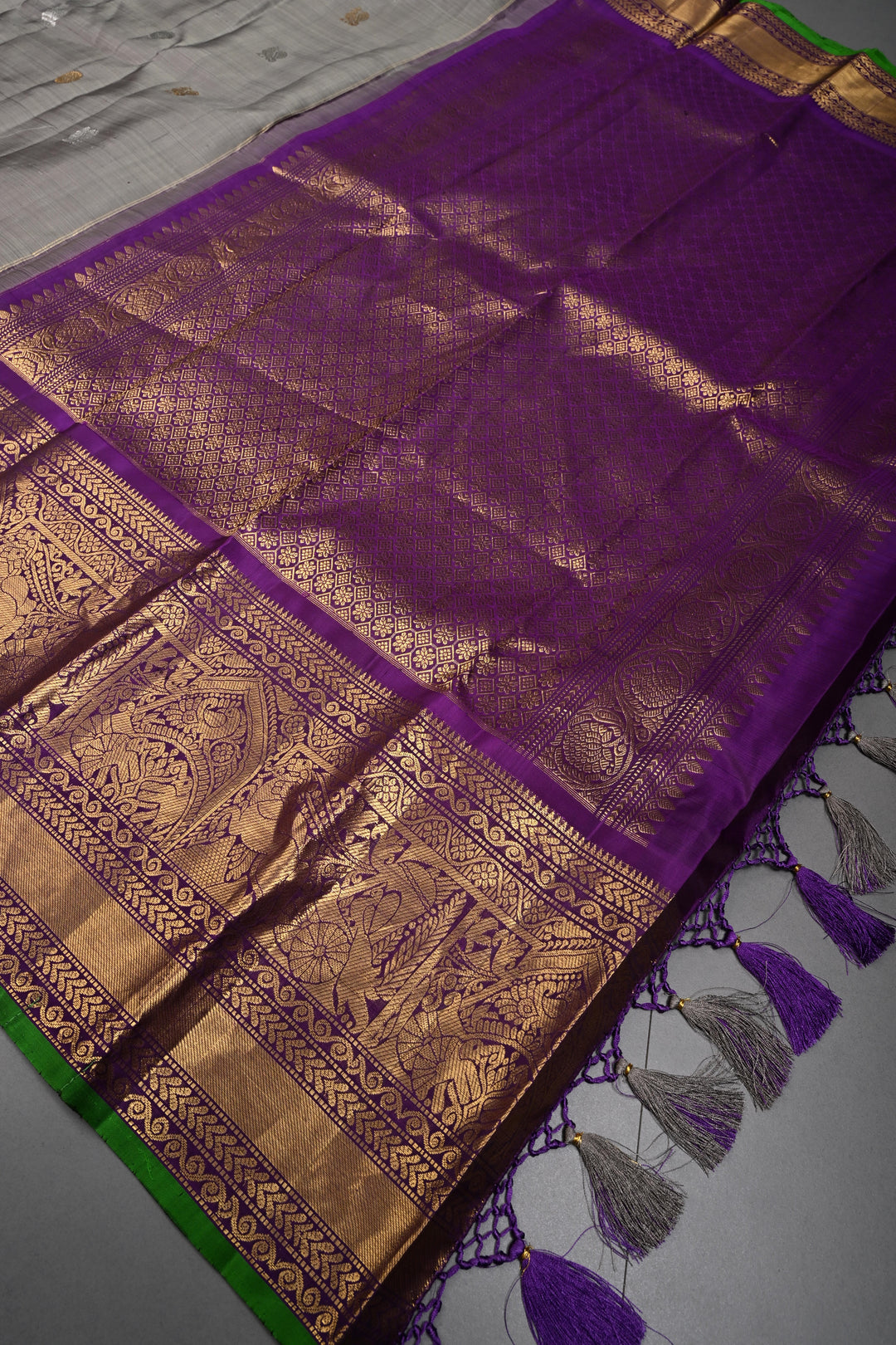 Gray Gadwal Silk Saree with Gold-Silver Buttas and Contrast Wide Zari Border | SILK MARK CERTIFIED | SHOBITAM