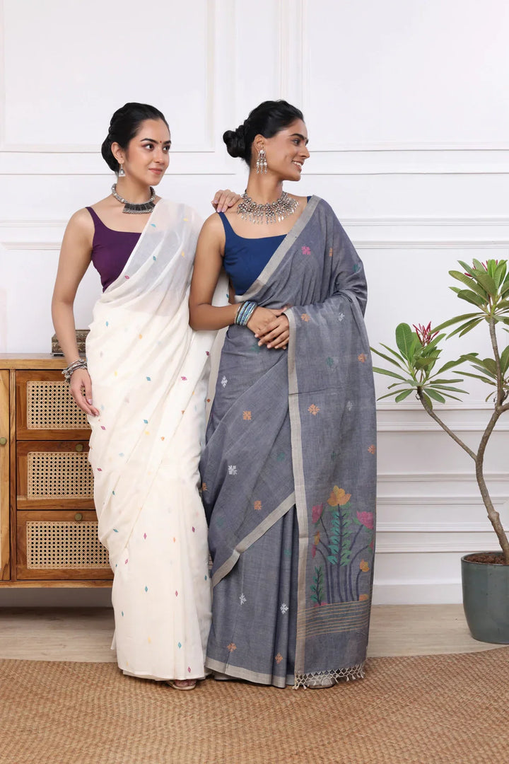Handloom Grey Soft Cotton Jamdani with Multi Colour Floral Motifs | SHOBITAM