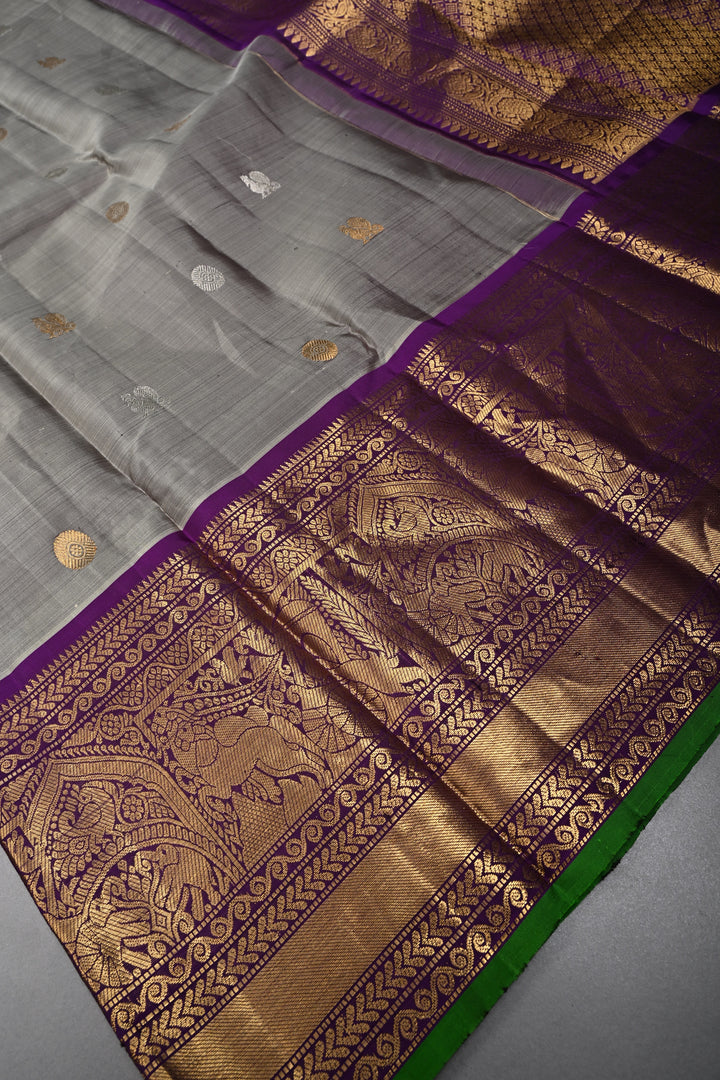 Gray Gadwal Silk Saree with Gold-Silver Buttas and Contrast Wide Zari Border | SILK MARK CERTIFIED | SHOBITAM
