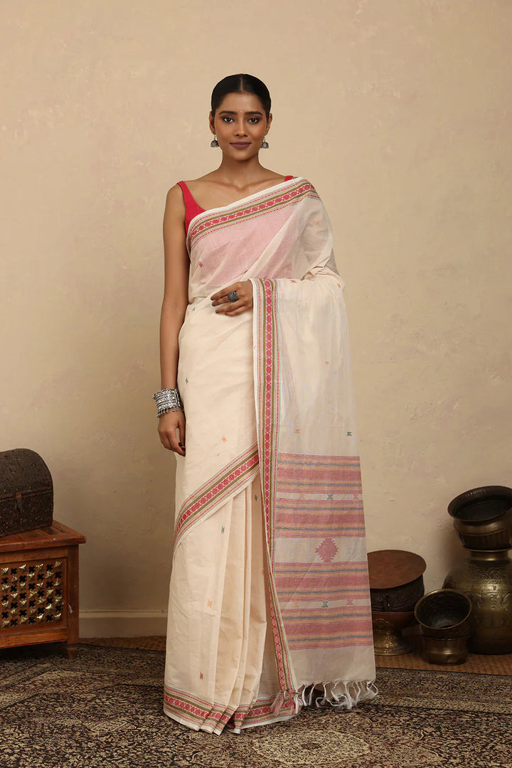 Handloom White Kanchi Cotton Saree | SHOBITAM