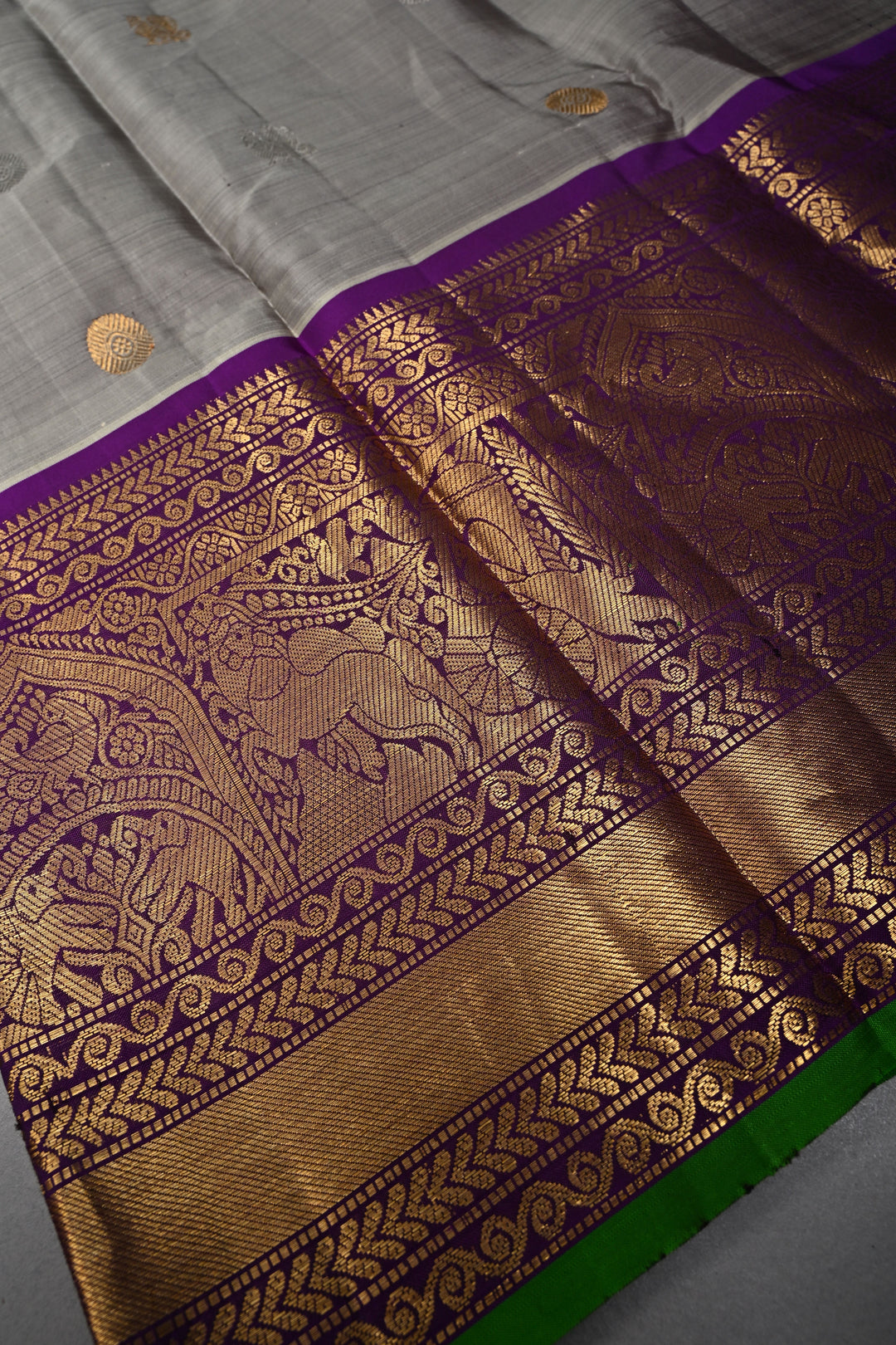 Gray Gadwal Silk Saree with Gold-Silver Buttas and Contrast Wide Zari Border | SILK MARK CERTIFIED | SHOBITAM
