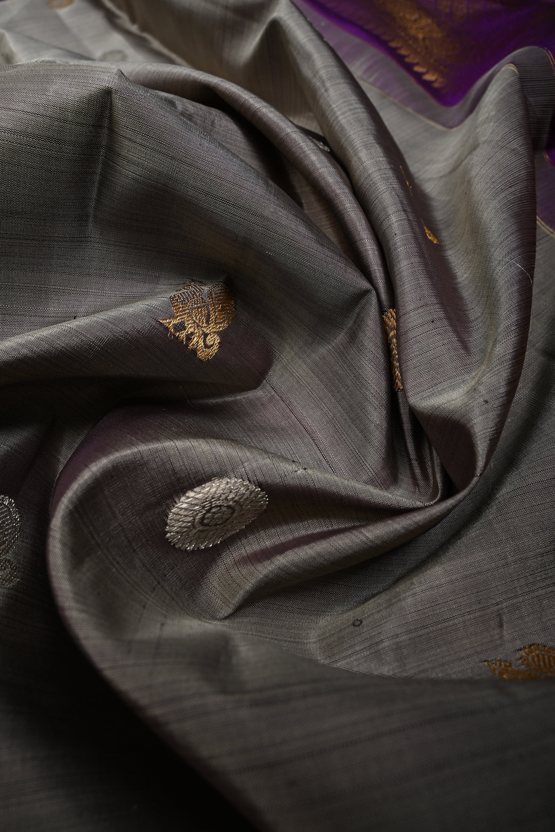 Gray Gadwal Silk Saree with Gold-Silver Buttas and Contrast Wide Zari Border | SILK MARK CERTIFIED | SHOBITAM