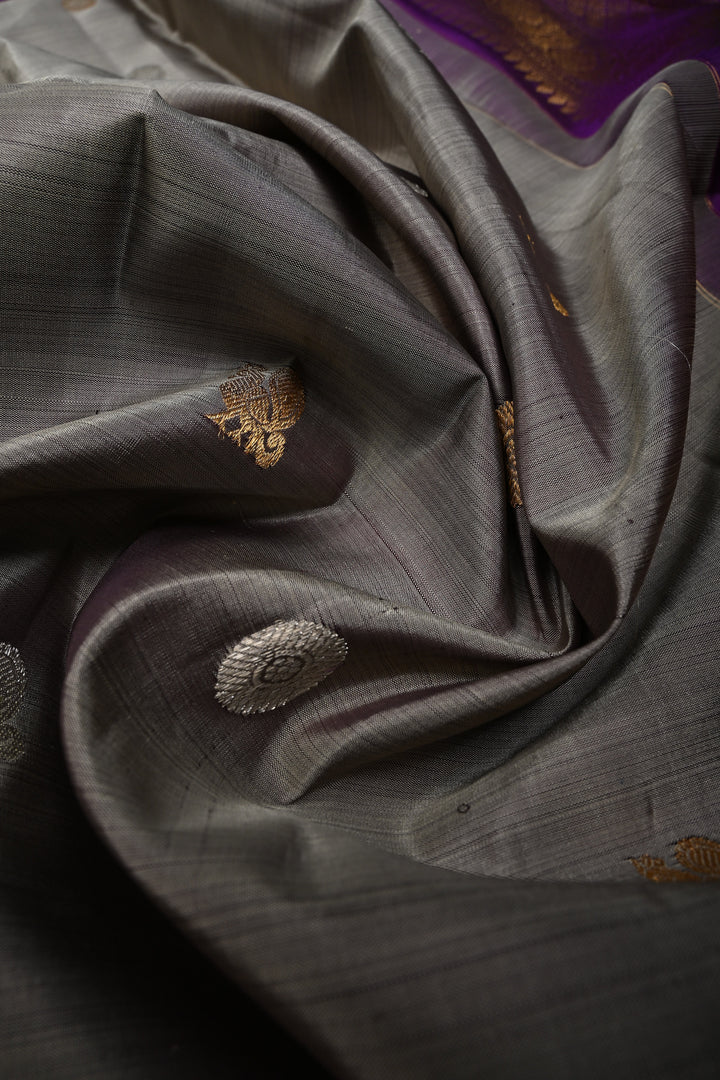Gray Gadwal Silk Saree with Gold-Silver Buttas and Contrast Wide Zari Border | SILK MARK CERTIFIED | SHOBITAM