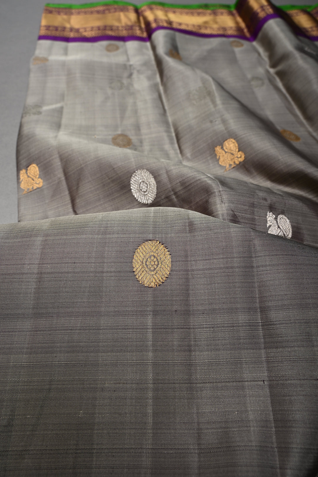 Gray Gadwal Silk Saree with Gold-Silver Buttas and Contrast Wide Zari Border | SILK MARK CERTIFIED | SHOBITAM